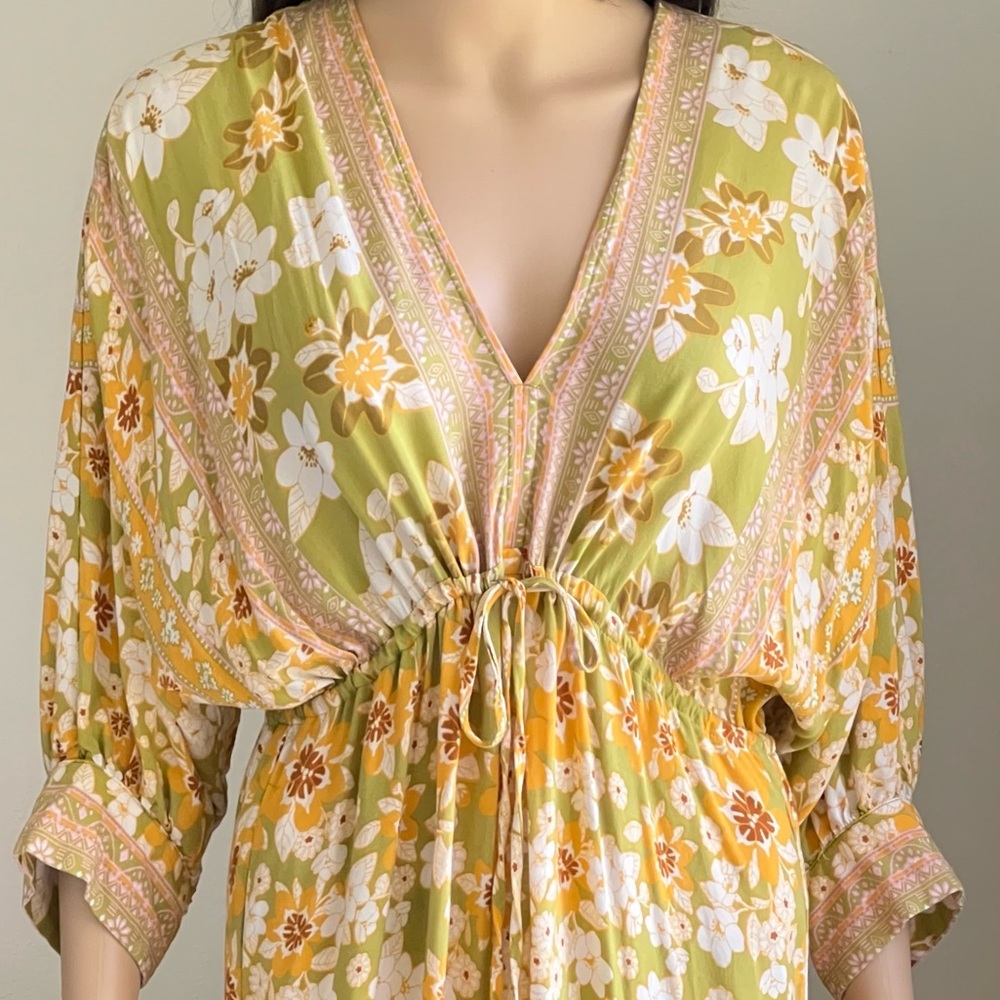 Aakaa Bohemian Floral Yellow Mixed Print Long Flowy Maxi Dress Size Small - Picture 2 of 15